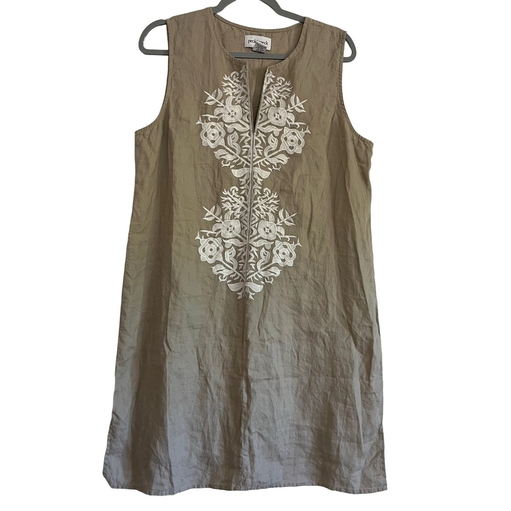 Peck & Peck Shift Dress Women XL Tan Embroidered Linen Sleeveless Boho Earthy